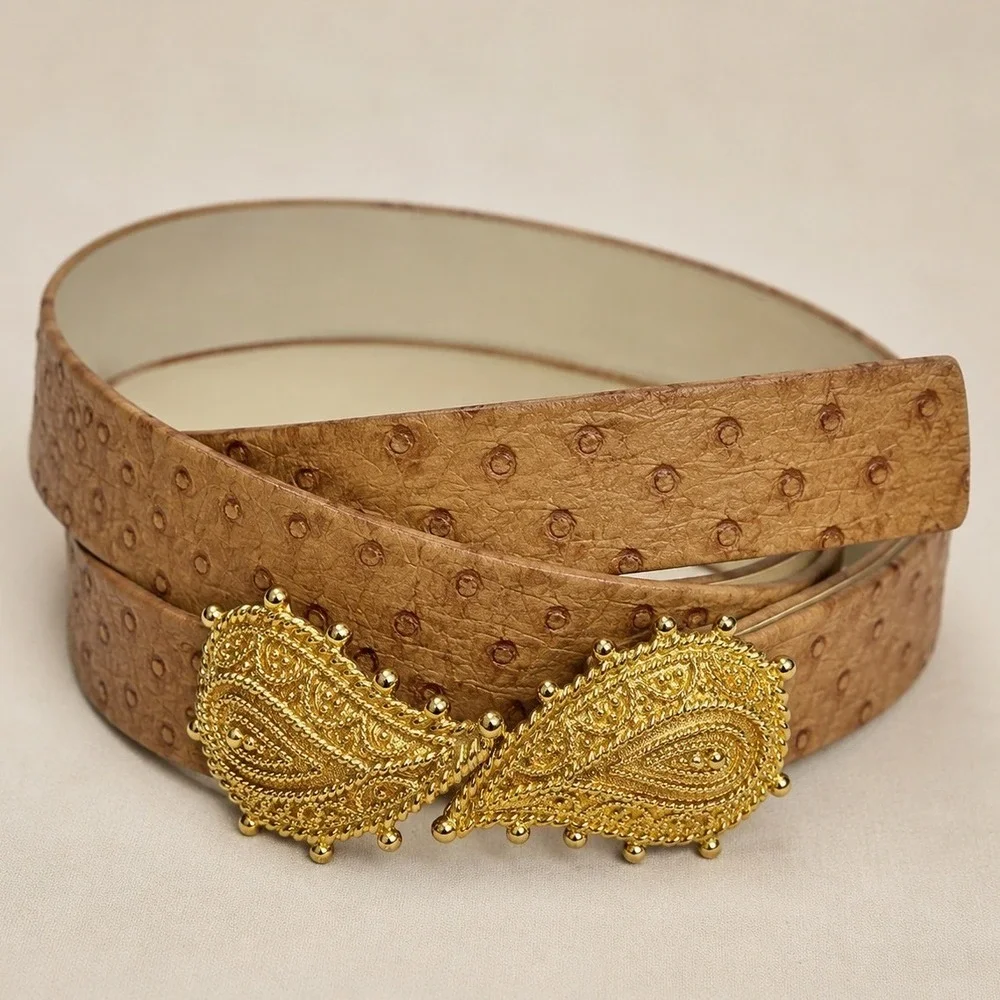 Vintage Mimi Di N 1991 Tan Ostrich Embossed Belt Gold Paisley Buckle Womens